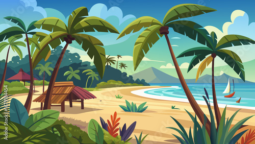 Vector art of serene tropical beach scene with palm trees, sandy shore, turquoise sea, and a distant sailboat, evoking a sense of relaxation and escape on a sunny day