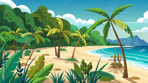 Vector art of a serene tropical beach landscape with palm trees, turquoise sea, and lush vegetation, perfect for a relaxing vacation getaway on a sunny day