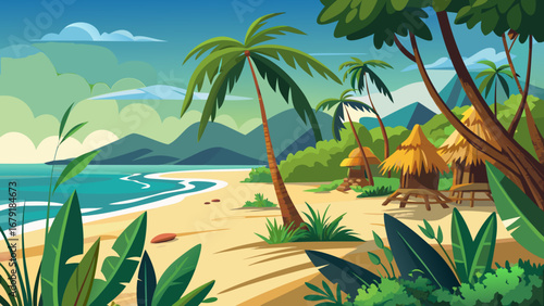 Vector art of idyllic tropical beach with palm trees, huts, and turquoise sea, offering a serene escape for a relaxing vacation in a lush paradise