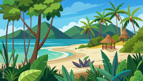 Vector art of a vibrant tropical beach scene with palm trees, turquoise sea, and lush vegetation, evoking a sense of paradise and tranquility for a perfect getaway
