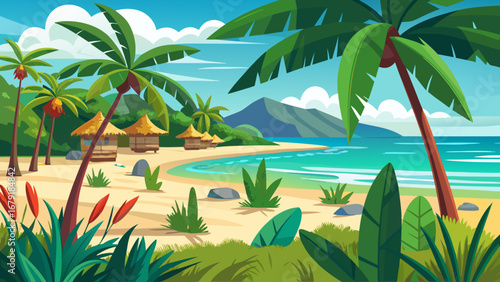 Vector art of tropical beach paradise with palm trees, turquoise sea, and sandy shore, featuring huts for a relaxing vacation getaway in an idyllic island