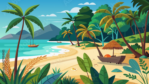 Vector art of tropical beach paradise with palm trees, turquoise sea, and sandy shore for a relaxing vacation getaway in an idyllic island landscape