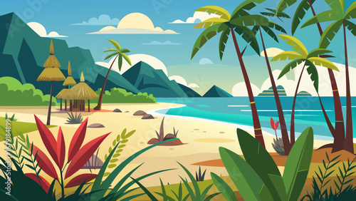 Vector art of tropical beach paradise with palm trees, turquoise sea, and distant mountains, creating a serene and inviting vacation destination
