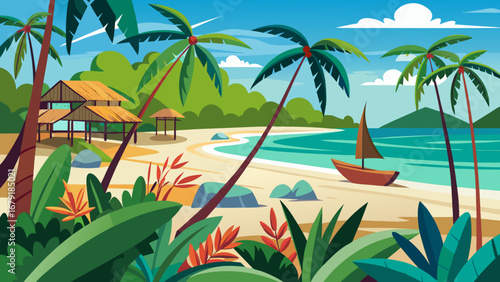 Vector art of a vibrant tropical beach scene with palm trees, a traditional house, and a sailboat on the turquoise sea, capturing the essence of a perfect island getaway