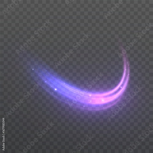 Purple swirl glow effect from bright lines with magical shimmer energy. Magical design for fairy tale illustration. Swirl trail effect. Vector.