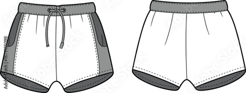 Fashion vector sketch of stylish running shorts with waistband, drawstring detail, contrast side panels, front and back views included