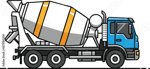 A cartoon cement truck with a large mixing drum, a blue cab, and black tires on a white background