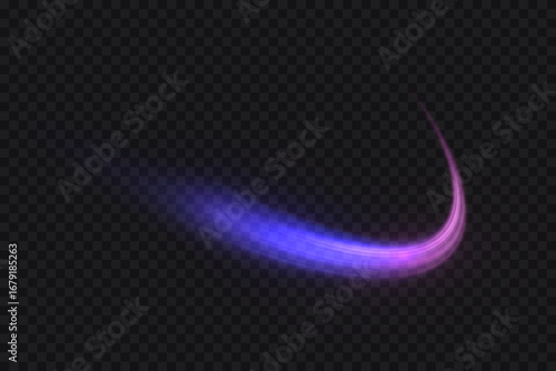 Purple swirl glow effect from bright lines with magical shimmer energy. Magical design for fairy tale illustration. Swirl trail effect. Vector.