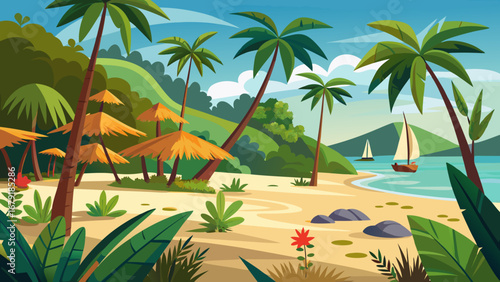 Vector art of a picturesque tropical beach with palm trees, turquoise sea, and sailboats, creating a perfect summer vacation and relaxation scene