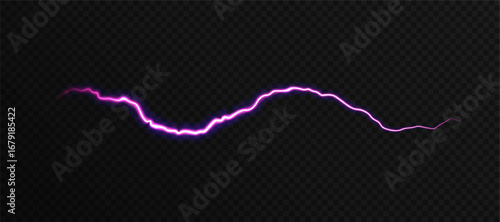 Bright pink glowing lightning discharge on dark background. Vector light effect of bright horizontal lightning.