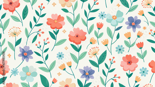 Vector art of seamless floral pattern with colorful flowers and leaves, perfect for adding a touch of nature and elegance to any design project