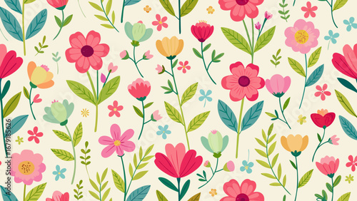 Vector art of vibrant floral pattern featuring a variety of colorful flowers and foliage, perfect for adding a touch of spring to any design project