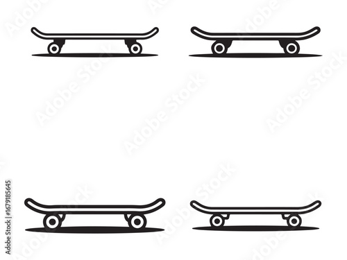 Simple black outline illustration of four skateboards.