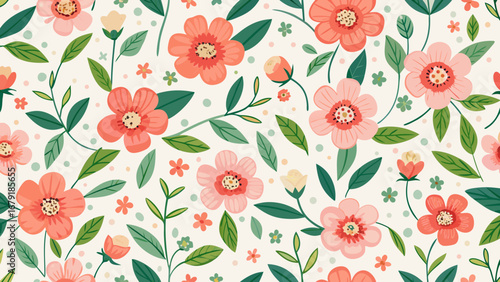 Vector art of elegant floral pattern with delicate peachcolored flowers and lush green leaves, creating a serene and sophisticated design for various applications