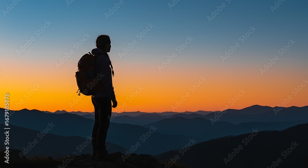 Fototapeta premium Silhouette of Traveler Enjoying Mountain Sunset.