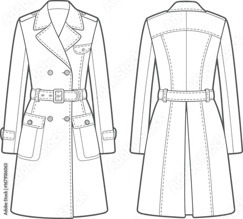 Flat vector CAD drawing of a stylish trench coat, front and back view, fashion technical sketch, outerwear design template