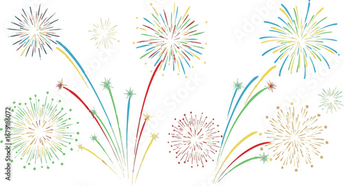 A festive display of colorful fireworks with radiating lines against white backdrop