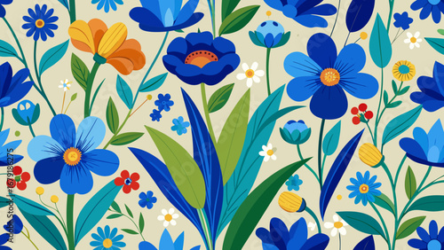Vector art of vibrant floral pattern with blue and orange flowers, leaves, and decorative elements for a colorful and fresh spring or summer design