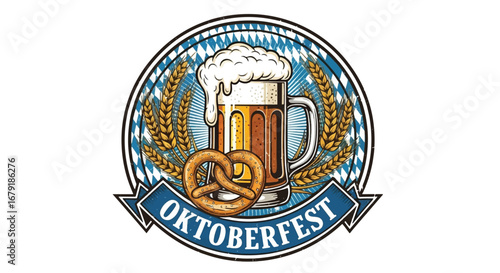 Oktoberfest emblem with beer mug and pretzel, surrounded by wheat and a banner.