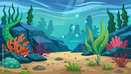 Vector art of underwater scene with coral reef, algae, and rocks creating a tranquil and adventurous marine landscape for diving and exploration