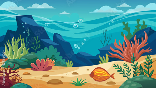 Vector art of a tranquil underwater landscape with colorful coral, algae, and rocks, featuring a fish swimming near the sandy seabed, with bubbles rising towards the surface