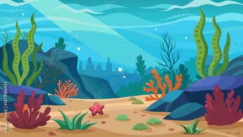 Vector art of underwater landscape with coral reef, rocks, sand, and marine life, creating a serene and colorful seascape with sunlight and aquatic plants