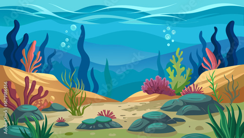 Vector art of a serene underwater vista showcases vibrant coral, algae, and rocks on the seabed, with bubbles gently rising towards the surface of the clear blue ocean