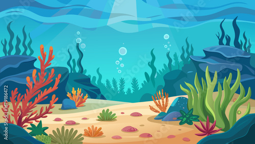 Vector art of underwater scene with coral reef, rocks, sand, and marine life, creating a serene and colorful seascape with sunlight and aquatic plants