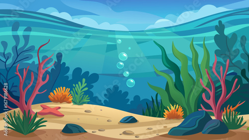 Vector art of a vibrant underwater scene featuring coral, starfish, and algae, with sunlight filtering through the waves, creating a serene and inviting seascape