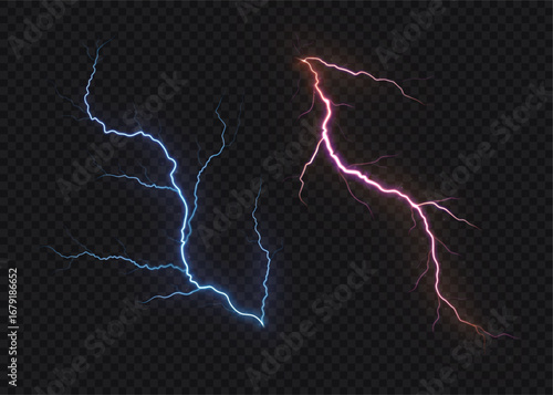 Set of glowing lightning bolts of blue and red colors on a dark background. Collection of electric lightning bolts for creating thunderstorm effects, fantasy art, magic spells