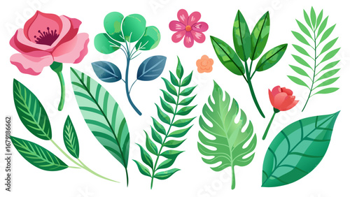 Vector art of watercolor floral element set for decoration, invitation, greeting card and botanical design with leaf and flower