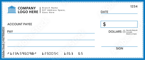 Blank check template with light-blue border and white background. Features fields for logo, payee, amount, date, and signature. Modern, clean, corporate design for financial use.