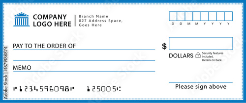 Blank check template with light-blue border and white background. Features fields for logo, payee, amount, date, and signature. Modern, clean, corporate design for financial use.