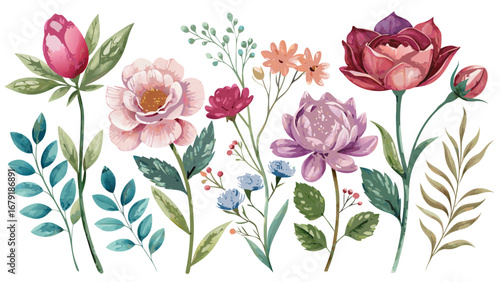 Vector art of watercolor flowers set, perfect for adding a touch of elegance and charm to any design project with its delicate floral elements