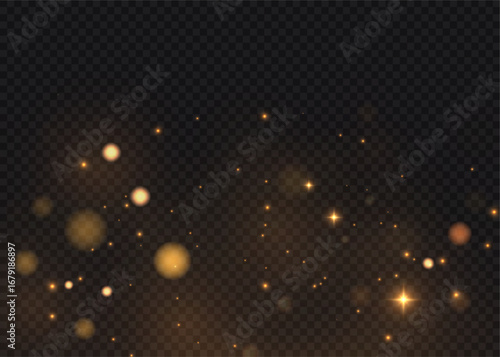 Golden glowing bokeh lights with sparkles and bright particles on transparent background. Suitable for Christmas, holidays, weddings, overlays, festive events and celebration designs.