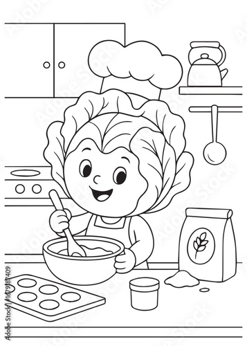 coloring book page of a cabbage baking cookies in the kitchen.