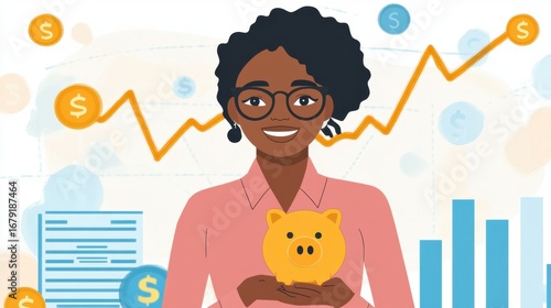 Businesswoman Holding Piggy Bank with Economic Chart Rising Behind Her