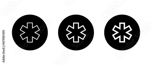 Outline asterisk shape icon set in black circle. Star keypad symbol