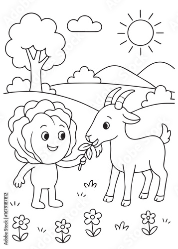 coloring book page of a cabbage feeding a goat on the farm.