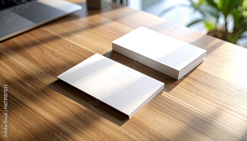 Two stacks of blank business cards on a light brown wooden table, illuminated by sunlight