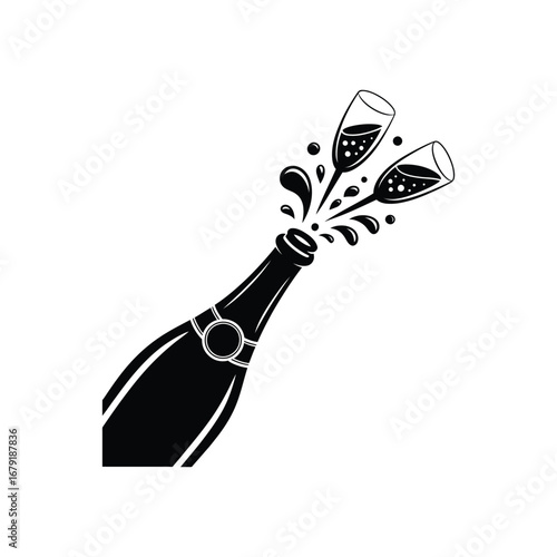 Champagne Bottle Illustration Silhouette with Popping Cork and Bubbles Flowing Out