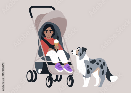 A child in a stroller is savoring ice cream, while a friendly dog stands nearby, creating a delightful moment of joy and connection between them on a serene day