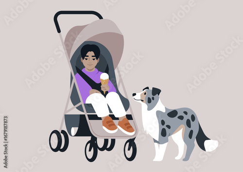 A child in a stroller is savoring ice cream, while a friendly dog stands nearby, creating a delightful moment of joy and connection between them on a serene day