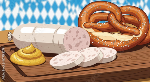 A traditional Bavarian sausage, sliced and served with mustard and pretzels on a wooden board.