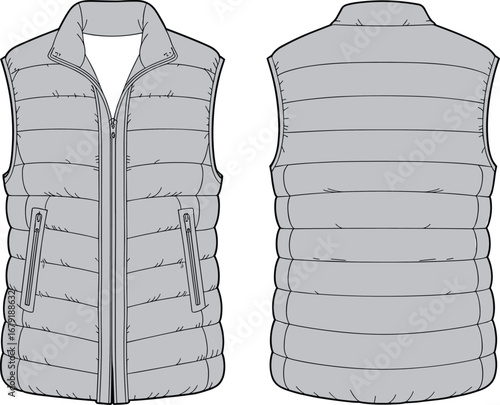 Vector flat sketch of men’s padded sleeveless puffer vest with zipper closure, front and back view, winter apparel technical illustration