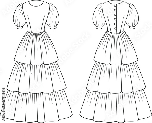 Vector flat sketch of tiered puff sleeve long dress, front and back view, button back closure, fashion cad drawing
