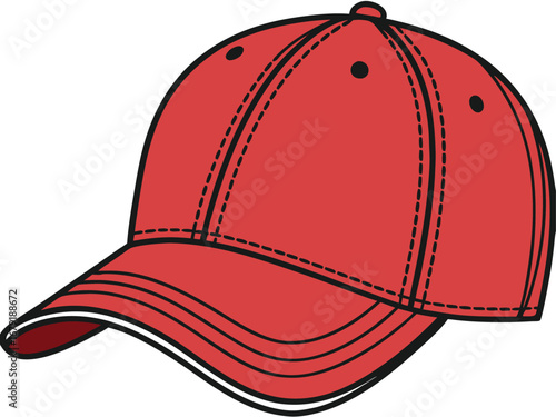 a red baseball cap with a curved bill, featuring black stitching details and ventilation holes on the top.