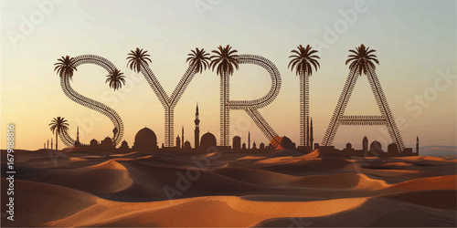 Syria Desert Landscape Illustration with Palm Trees, Arabic Skyline Silhouette, and Sunset Sky for Travel and Culture Themes