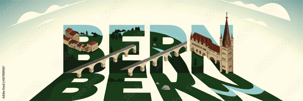 Naklejka premium Bern Switzerland Landmark Illustration with Bridge, Historic Buildings, and River in Modern Flat Vector Art for Travel and Tourism Concepts