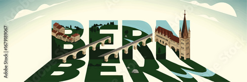 Bern Switzerland Landmark Illustration with Bridge, Historic Buildings, and River in Modern Flat Vector Art for Travel and Tourism Concepts